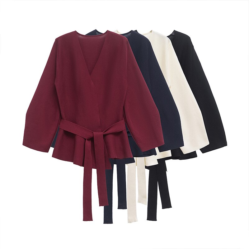 Belt With Shoulder Pads Sweater Factory - OEM Custom Retro V-neck Long-sleeved Female