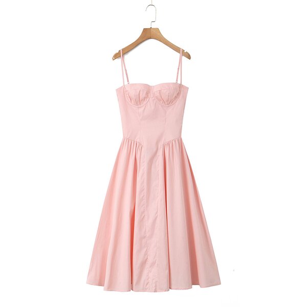 Pink Square Neck Dress Factory - OEM Custom Retro Waist Pleated Sleeveless