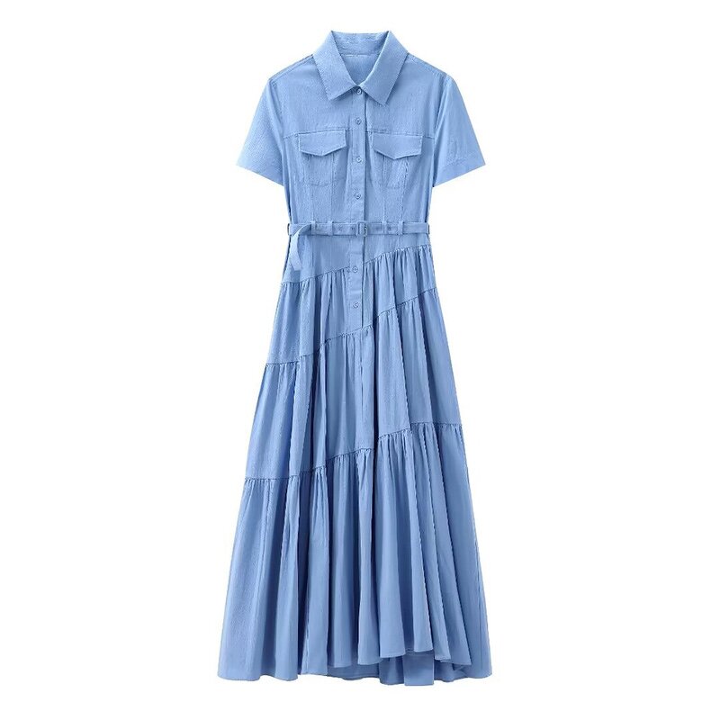 Belted Shirt Dress Factory - OEM Custom Retro Lapel Short Sleeve Solid Color