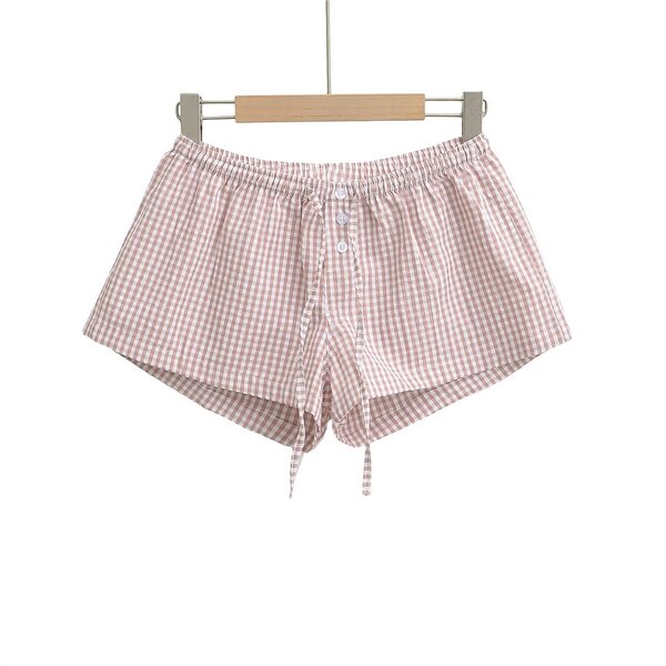 Plaid Button Trim Shorts Factory - OEM Custom Summer Fashion Retro Drawstring Casual