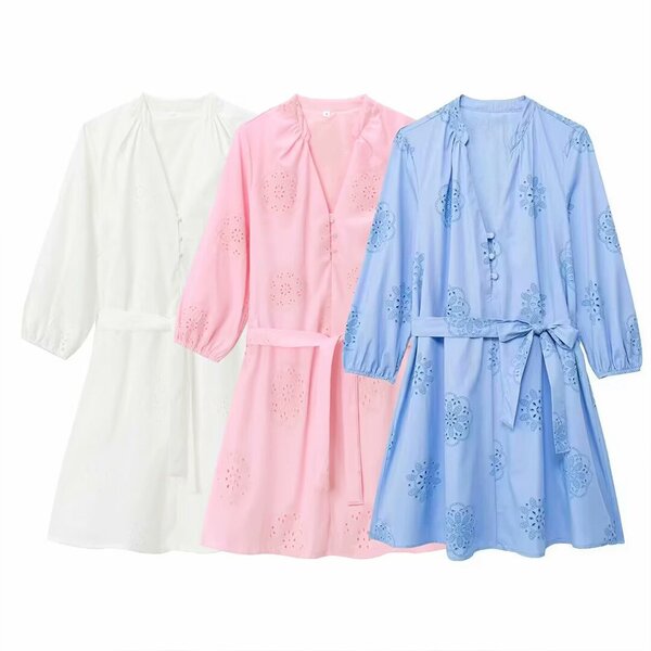 Laminated Embroidery Decorative Dress Factory - OEM Custom Poplin V-neck Mini