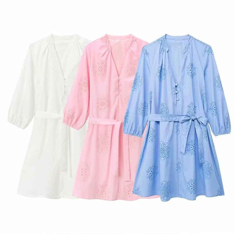 Laminated Embroidery Decorative Dress Factory - OEM Custom Poplin V-neck Mini