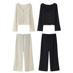 Textured Tops Trousers Suits Factory - OEM Custom Retro V-neck Button-down Tops