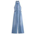 Halter Neck Denim Jumpsuit Factory - OEM Custom Casual Retro Backless Sleeveless