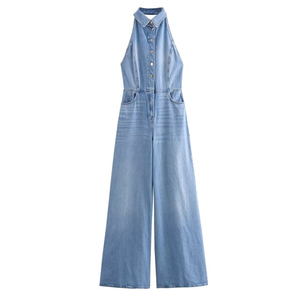 Halter Neck Denim Jumpsuit Factory - OEM Custom Casual Retro Backless Sleeveless