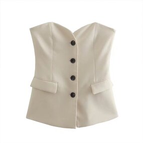 Sleeveless Button Vest Factory - OEM Custom Vintage Patch Pocket White Crop Top
