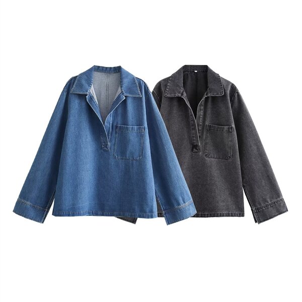 Casual Denim Shirt Factory - OEM Custom Retro Lapel Long Sleeve Top
