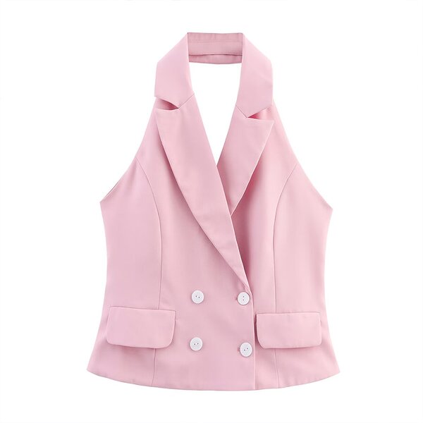 Double-Breasted Halter Collar Vest Top Factory - OEM Custom Summer Fashion Retro Solid
