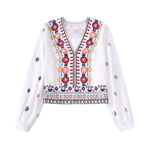 Women's Long Sleeve Shirt Factory - OEM Custom V Neck Contrast Printing Blouse