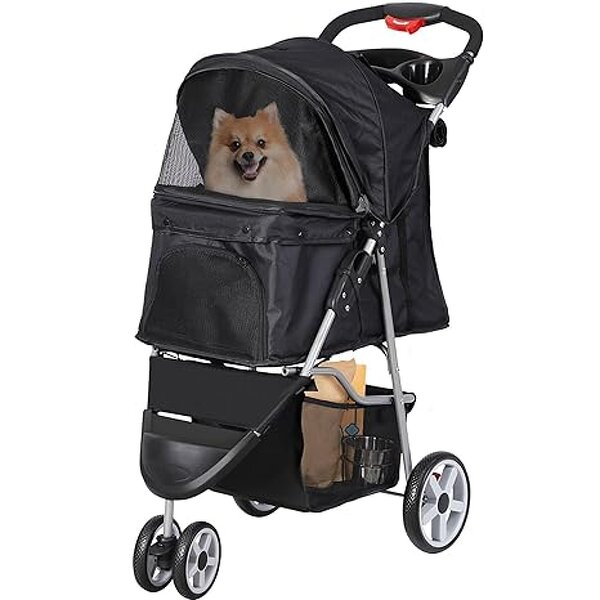 Foldable Pet Stroller Factory - 3 Wheels Carrier with Weather Cover Storage Basket