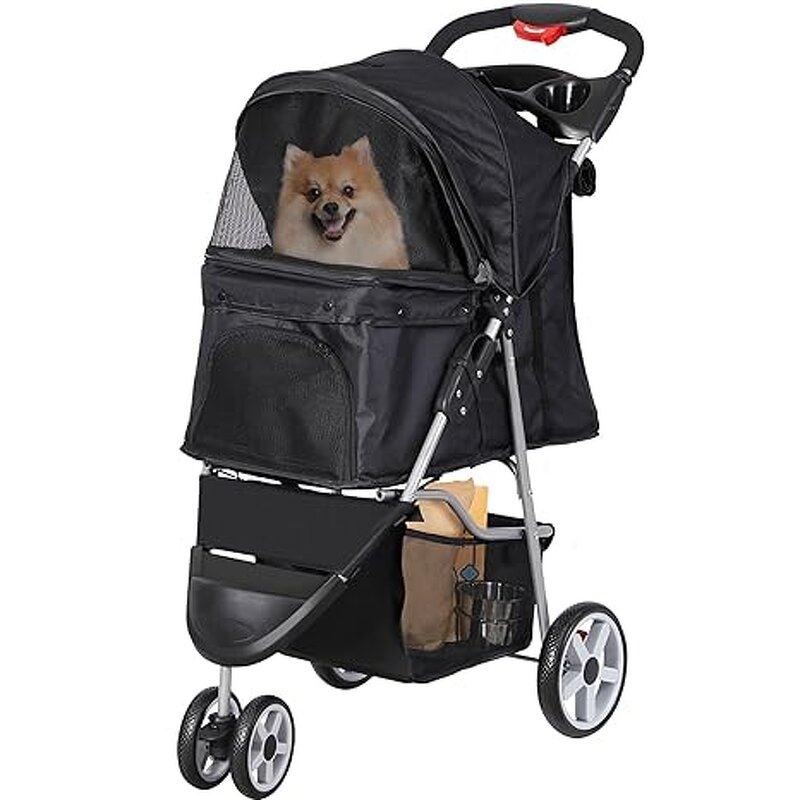 Foldable Pet Stroller Factory - 3 Wheels Carrier with Weather Cover Storage Basket