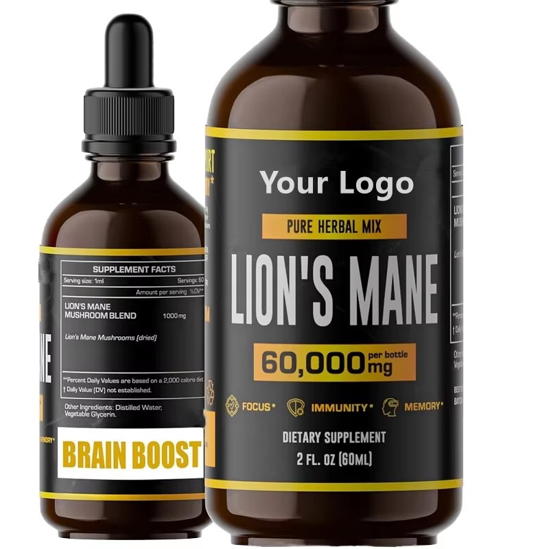 OEM/ODM/OBM Natural Vegan Lion's Mane Drops Mushroom Extract Liquid Drops Lions Mane for Brain Focus Memory & Clarity Booster