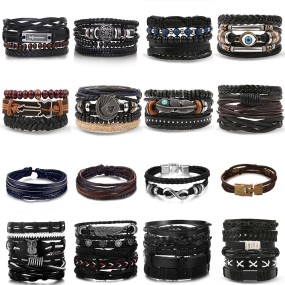 Vintage Men's Multi-Layer Wide Wrap Bracelet Hollow Triangle Leather with Geometric Pearl Ball Shape Fashion Jewelry Gift