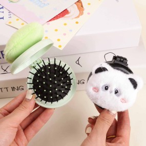 Cute Furry Cartoon All-in-One Portable Folding Massage Comb Lighted Air Cushion Mirror Comb for Girl's Carry-on Travel Suit