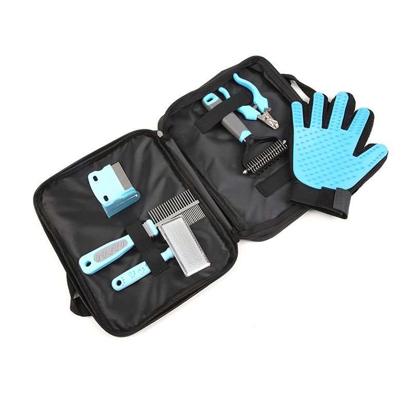 6-Piece Eco-Friendly Pet Supplies Set Sky Blue Includes Knot-Opening Comb Straight Comb Nail Scissors Hair Knife for Dog Plastic