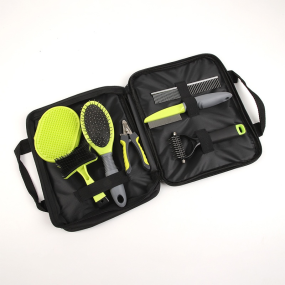 Customized 6-Piece Pet Supplies Set Yellow Green Plastic and Stainless Steel Dog Grooming Brushes Cleaning and Combining