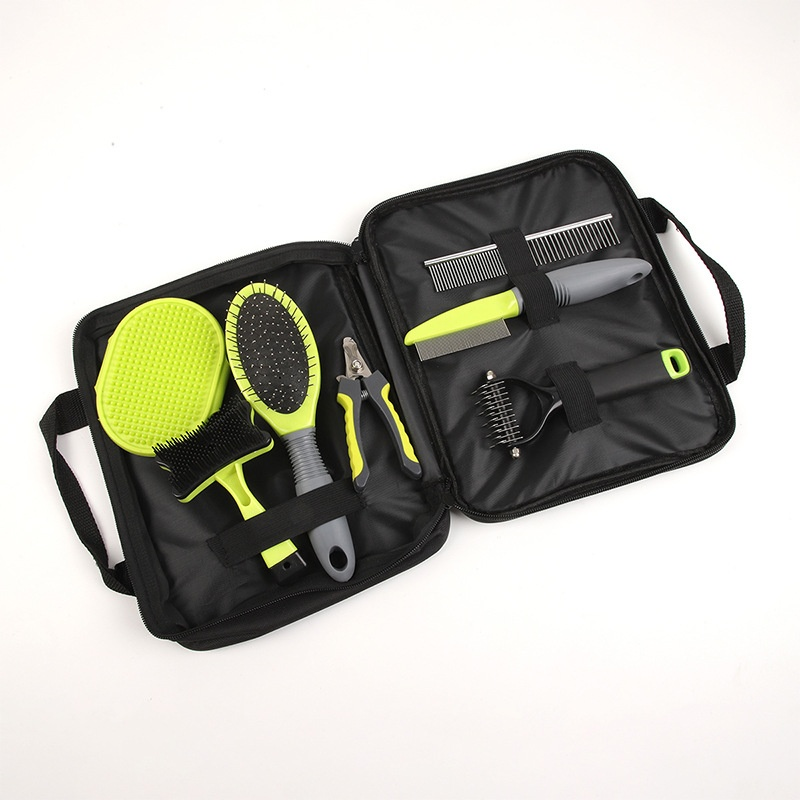 Customized 6-Piece Pet Supplies Set Yellow Green Plastic and Stainless Steel Dog Grooming Brushes Cleaning and Combining