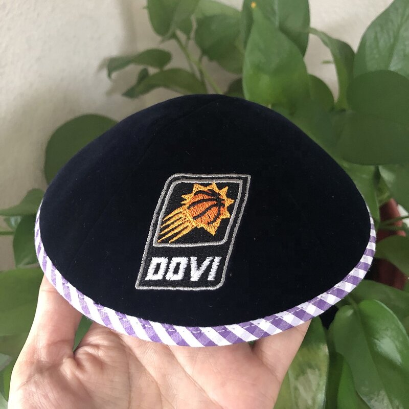 Cotton Velvet Kippah Factory - Navy Blue Custom Embroidery with Trimming