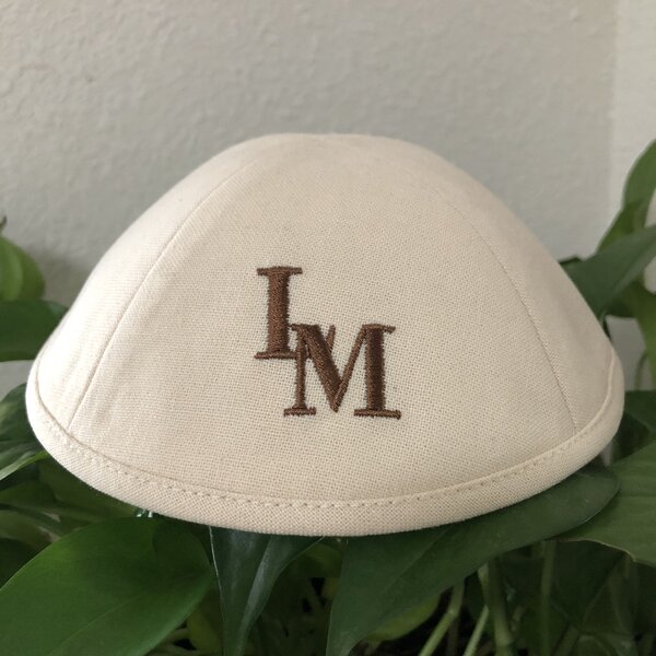 Linen Kippah Manufacturer - Beige with Initials Embroidery Wedding Gift