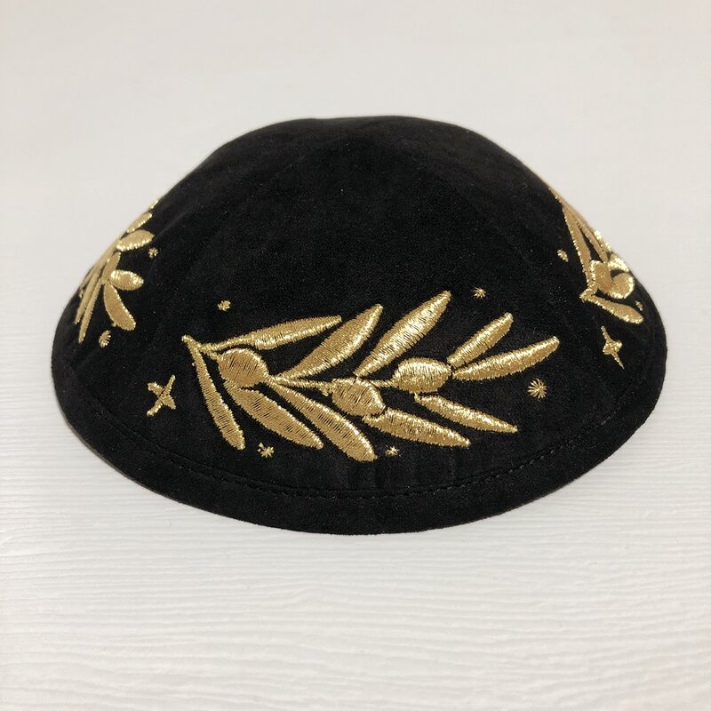 Black Suede Kippah Factory - Gold Leaf Embroidery Customized for Party