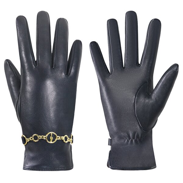 Women's Winter Gloves Factory - Wholesale Black Goatskin Palm Touch Screen Windproof Wrist Gold Chain