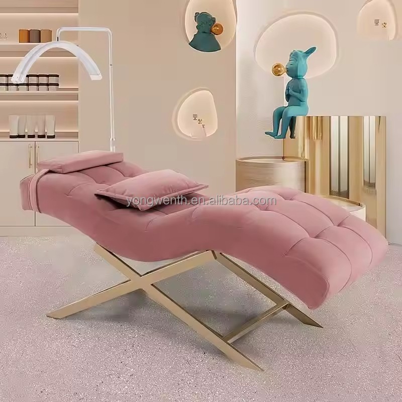 Modern Luxury Lash Bed Massage Table Beauty Salon Leather Gold Stainless Steel Basebase Curved Eyelash Bed