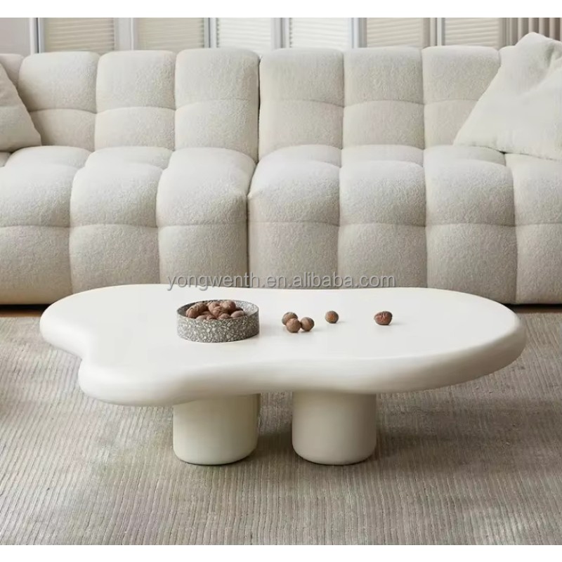 Modern Home Coffee Table Set Cream White Wavy Fiberglass Center Table Design for Living Room