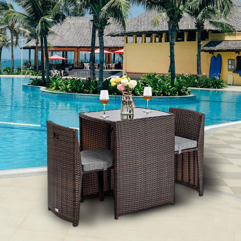 3 PCS Wicker Outdoor Patio Bistro Set, Patio Furniture Set for Small Space with Glass Top Table Dining Chairs, Balcony Furniture