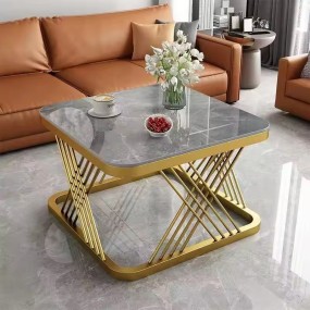 现代口音客厅人造大理石白色小咖啡木方形沙发边桌与2架子存储空间