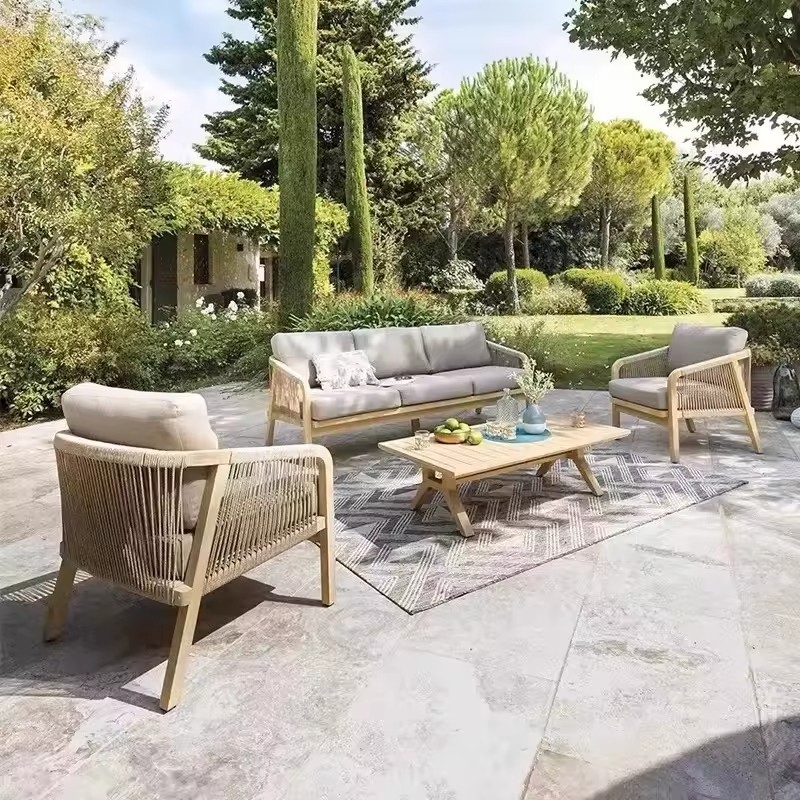 Modern and Minimalist Outdoor Courtyard Garden Hotel Villa Leisure Rattan Woven Solid Wood Sofa