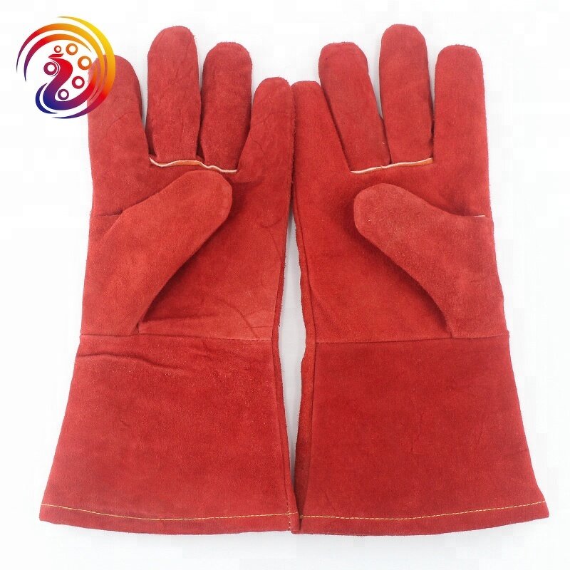 Red Cow Split Working Gloves Manufacturer - Double Palm Heat Resistant Welding Safety with Fire Lane