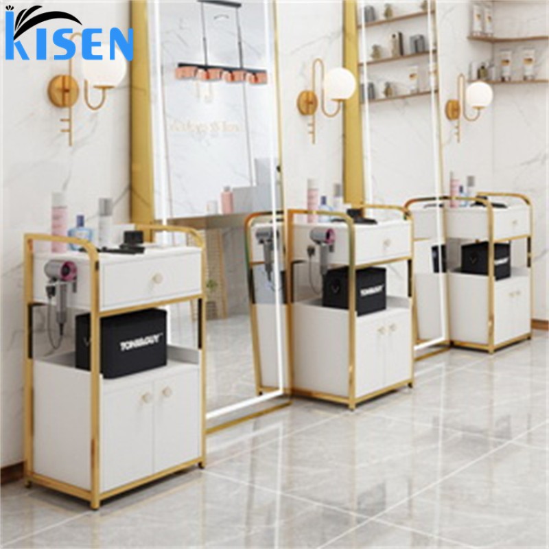 Kisen Luxury Makeup Trolley Cart Hair Salon Furniture Stainless Steel Gold Double Drawer Beauty Salon Trolley