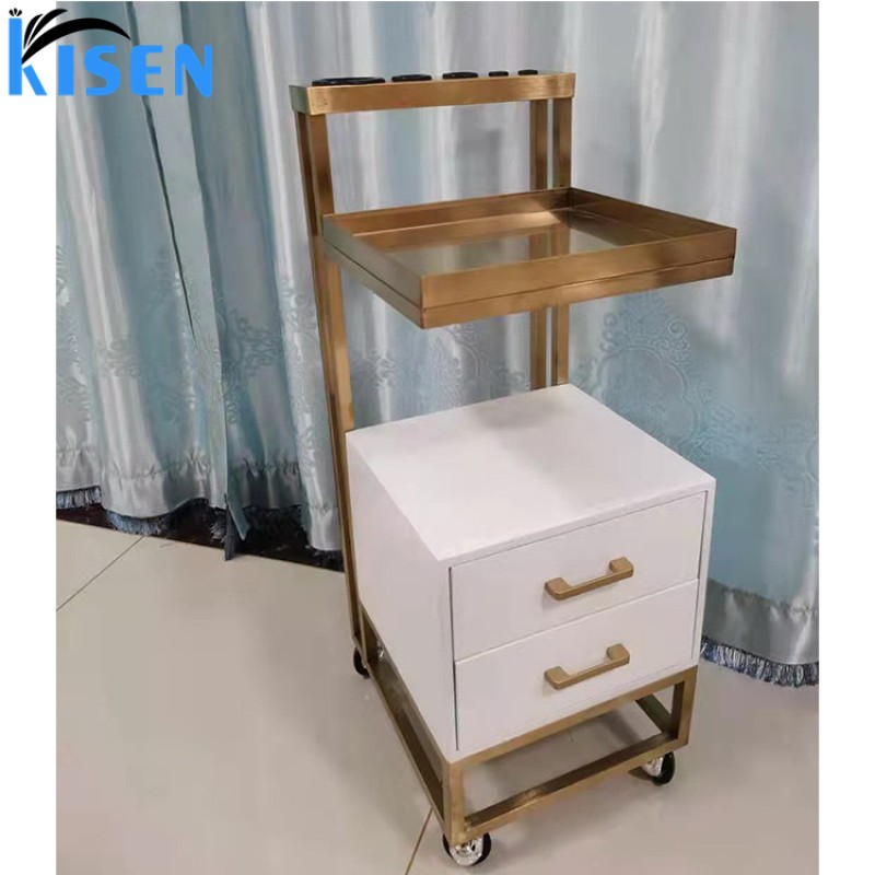 Kisen High Quality Makeup Trolley Cart Stainless Steel Metal Gold Plated Portable Hair Salon Beauty Hairdressing Tool Trolley