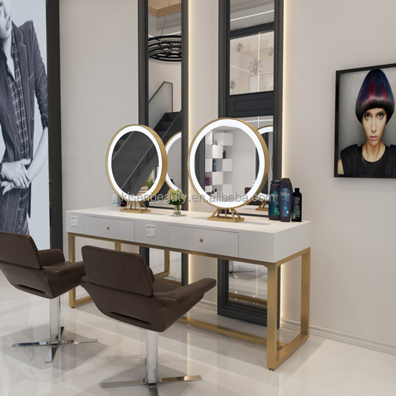 Kisen Salon Hair Spa Station Mirror Double Single Seater Gold Silver Black Edges Barber Shop Furniture with Led Light
