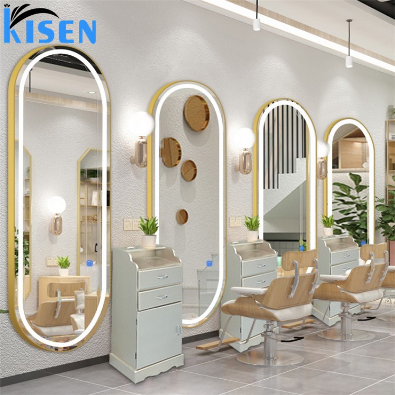 Kisen Classic High Gloss Salon Mirror Factory-Priced Wall Mount LED Light Hair Spa Mirror Station Black with Salon Chair