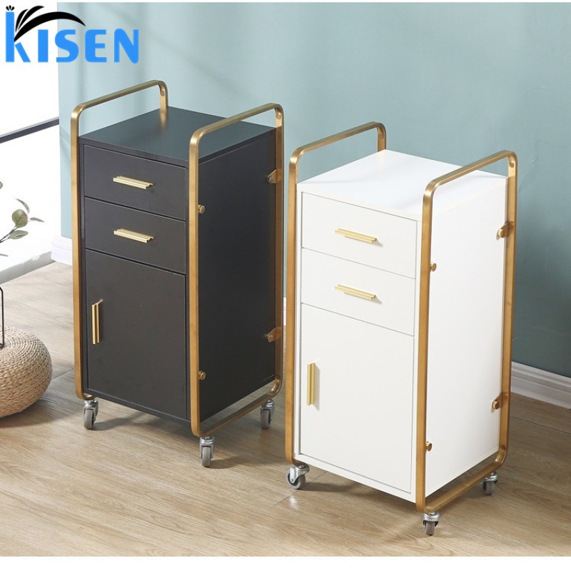 Kisen Cheaper Beauty Spa Nail Salon Furniture Equipment Plywood MDF White with Gold Metal Trolley Cart with Drawer for Sale