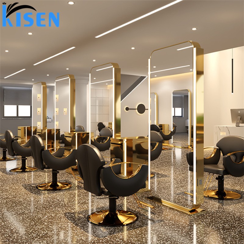 Kisen 2025 8 Seats Modern Styling Chair Gold Black Silver Furniture Set for Hair Salon Shop Custom Desk Bowl Double Side Mirror