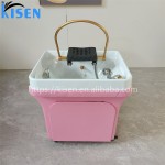 Kisen热卖现代廉价粉红色PU皮革沙龙便携式洗发椅与头部治疗和蒸