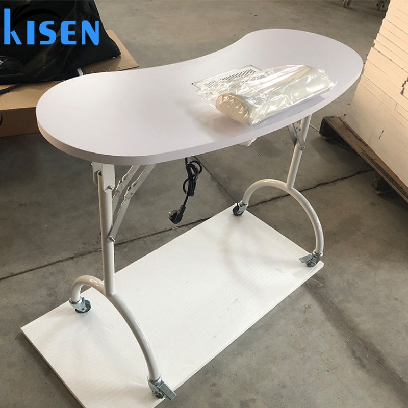 Kisen Hot Sale Small Salon Furniture White Color Cheap Nail Tech Table Portable Nail Desk Check Manicure Table