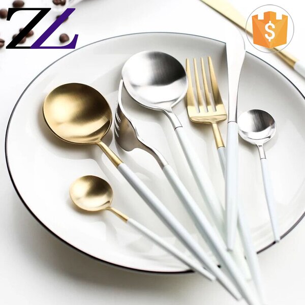 Cutlery Set Supplier - 304 Gold Plated White Handle Bulk Flatware
