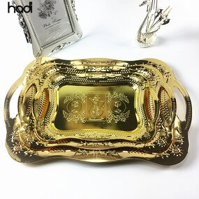 Serving Tray Manufacturer - Luxury Stainless Arab Gold Tray with Handle