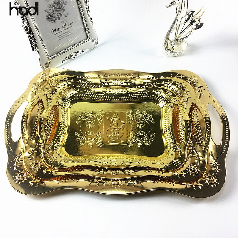 Serving Tray Manufacturer - Luxury Stainless Arab Gold Tray with Handle
