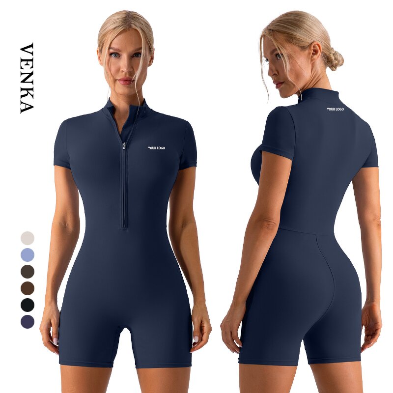 Half Zipper Bodysuit Manufacturer - Fitness One Piece Short Pants Active Wear