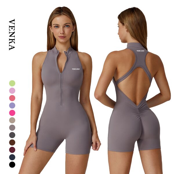 Gym Bodysuit Manufacturer - Half Zipper Butt Backless Sleeveless Slim Fit