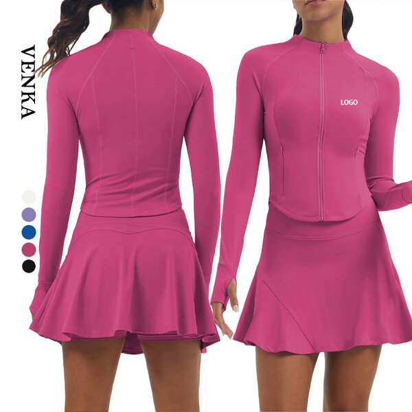 Custom Gym Set Factory - Double-Layer Pocket Skirt Thumbholes Jacket