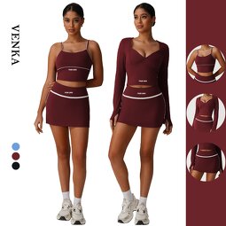 Contrast Color Gym Set Factory - Sexy Sling Tank Top V Neck Skirts Set