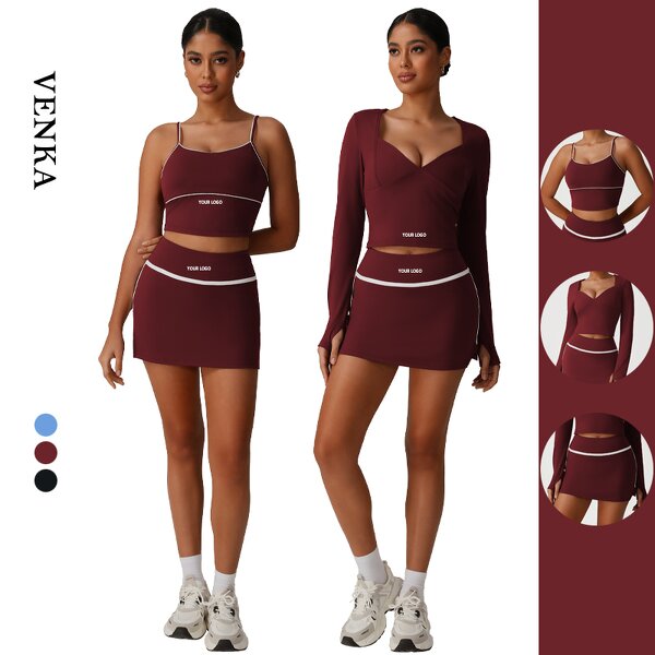 Contrast Color Gym Set Factory - Sexy Sling Tank Top V Neck Skirts Set