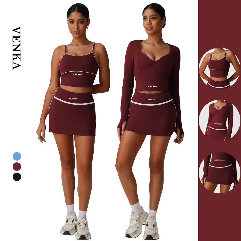Contrast Color Gym Set Factory - Sexy Sling Tank Top V Neck Skirts Set