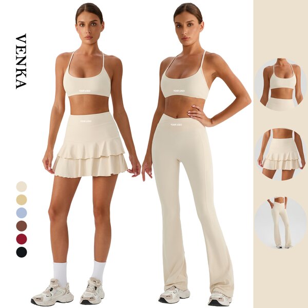 Female Gym Suit Supplier - V Neck Bra V Cross Hip Lift Flared Skirts