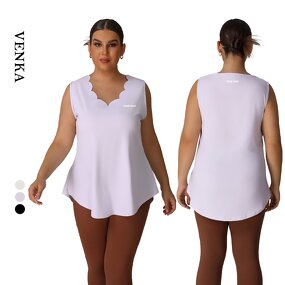 Plus Size T-shirt Factory - Loose Sleeveless Flower V-neck Comfortable Breathable